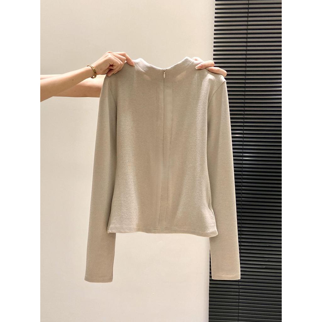 European-Style Slim-Fit Women's Zipper Collar Long-Sleeve T-Shirt, Brushed Warm Inner Layer for Autumn/Winter, Elegant Ins Style Base Top
