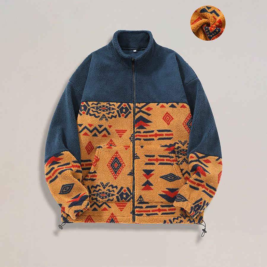 Men's Retro Ethnic Style Patchwork Fleece Hoodie - Warm Winter Cardigan Jacket