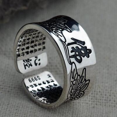 Pure Silver Handmade Retro Thai Silver Heart Ring Men Women Lotus Open Adjustable Ring Band
