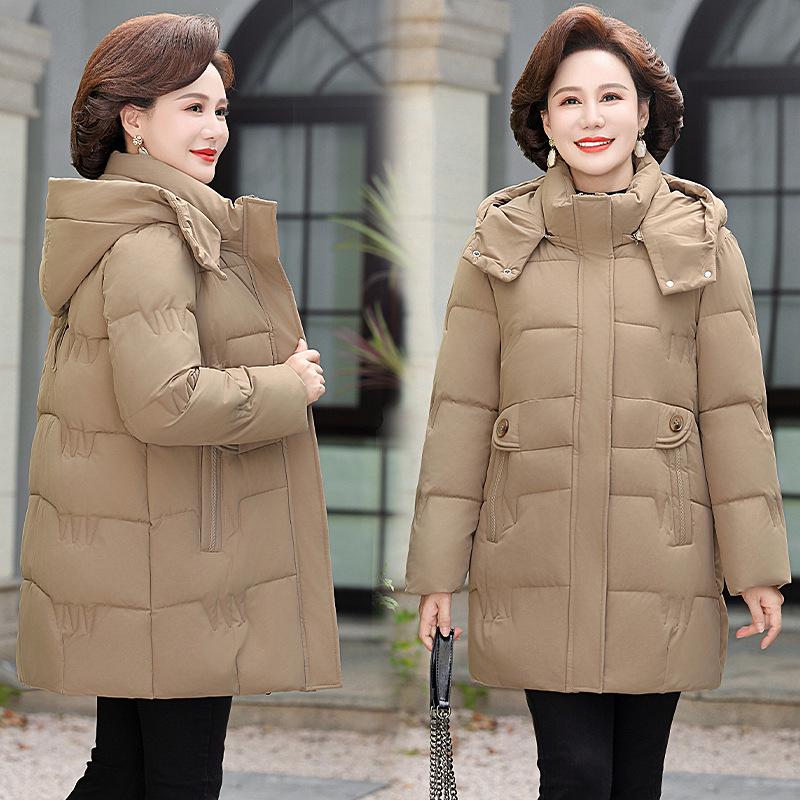 Mom's Hooded Mid-Length Down Jacket for Middle-Aged Women - Autumn/Winter Cotton Outerwear