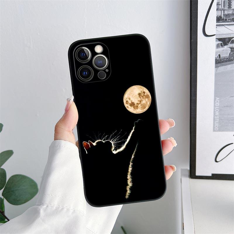 Black Cat Line Phone Case for iPhone 11 15 16 Pro Max Case Coque 14 Plus 13 Pro 12 Mini 11 X XS 16 8 SE2020 15Pro TPU Soft Cover
