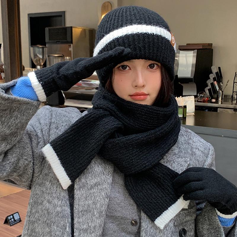 Vinterstrikket ullhatt Dame Kaldsikker Varm Hatt Skjerf Hansker Tredelt Ørebeskyttende Hatt