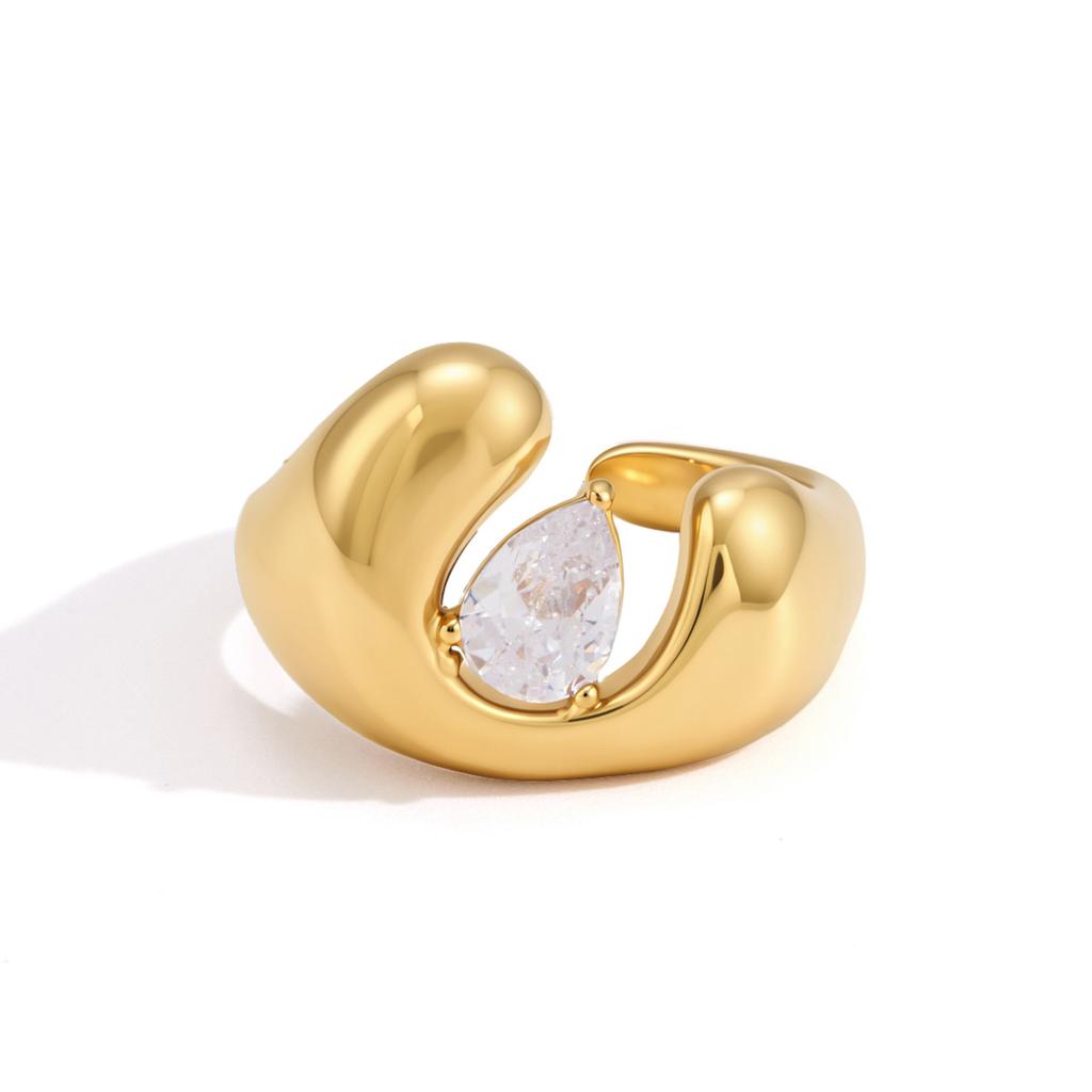 Stainless Steel Chunky Pear CZ Open Ring 18K Gold Plated Bold Statement Cuff Ring for Women Fashion Jewelry