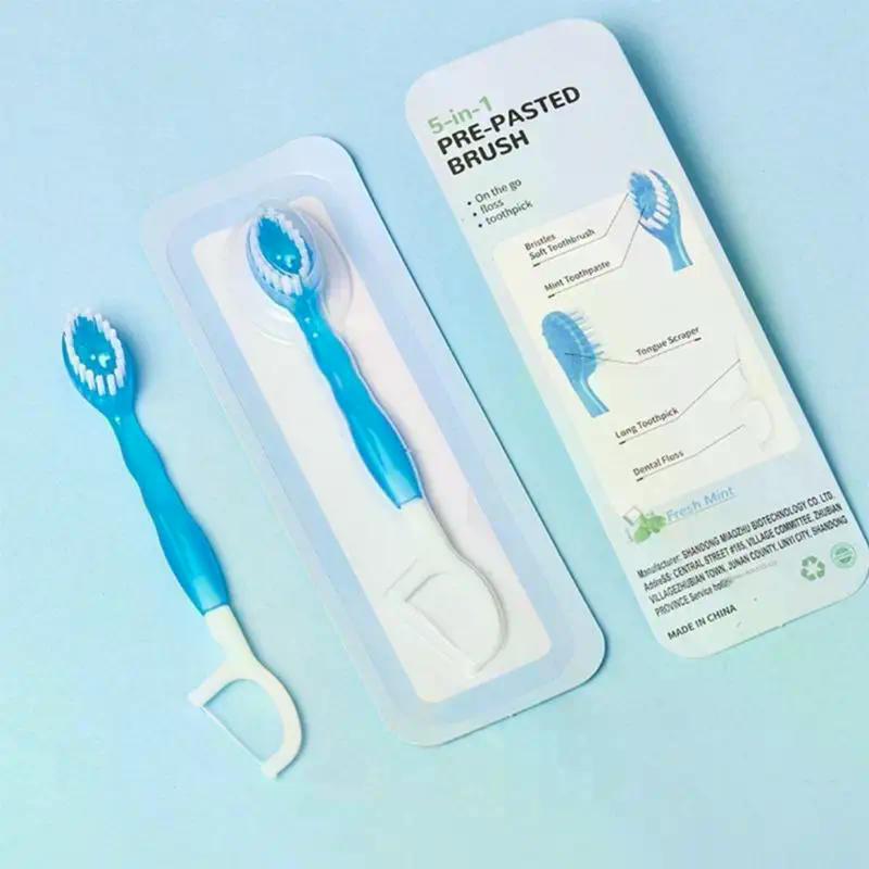 Bursting Bead Toothbrush Disposable Portable 5-in-1 Soft Bristle Dental Floss And Toothpick