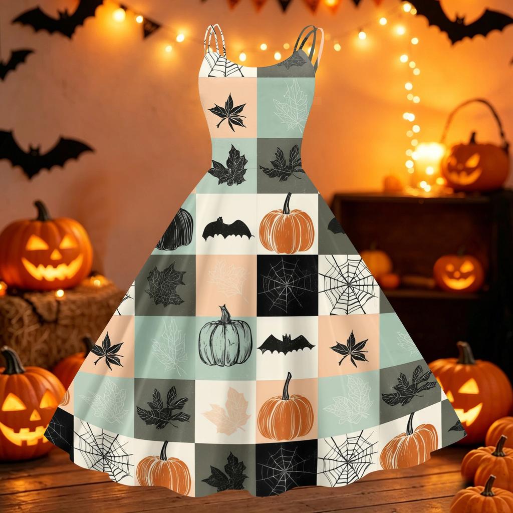 Women's Halloween Printed Off Shoulder Dress Vintage Punk Style Flared Midi Dress Spaghetti Strap Casual Party Dress