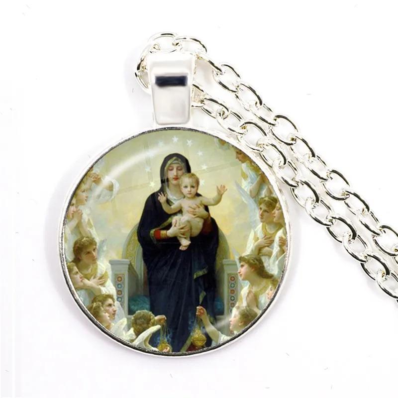 Virgin Mary and Baby Jesus Christian Catholicism Jewelry Necklace Blessed Mother Religious Art Glass Cabochon Dome Pendant Gift