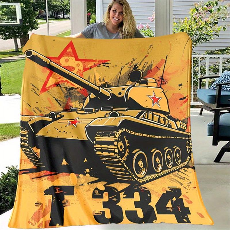 Retro War Style T34 Battle Tank Red Star Military Element Graffiti Pattern Flannel Fleece Blanket Warm Plush Bed for Living Room