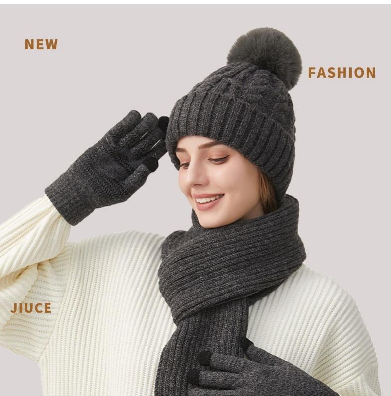 Knitted Hat Scarf Gloves Women's Winter Thick Ear-Warming Hat and Neck Warmer Set 3Pcs
