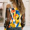 Women Plus Size Asymmetric Cold Shoulder Long Sleeve Geometric Printed Sheer Floral Mesh T Shirt