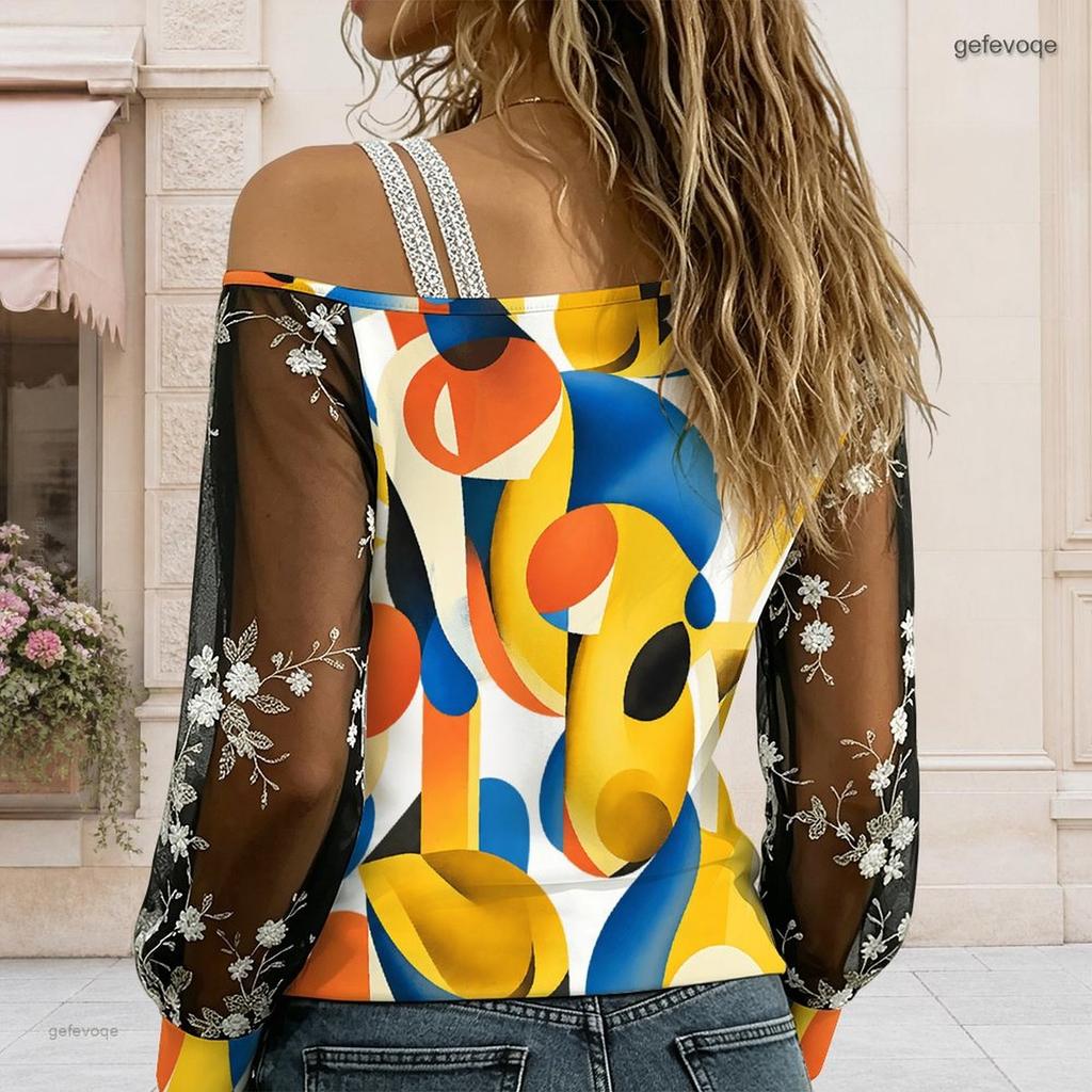 Women Plus Size Asymmetric Cold Shoulder Long Sleeve Geometric Printed Sheer Floral Mesh T Shirt