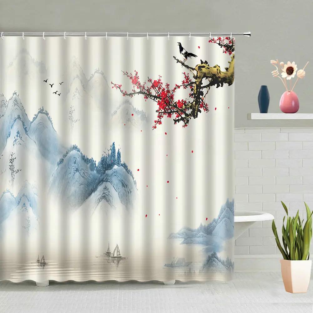 Chinese Style Ink Painting Shower Curtain Landscape Flower Tree Plant Boat Plum Living Room Background Wall Bathroom Screen Hook