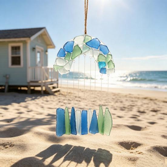 Handcrafted Sea Glass Wind Beach Coastal Style Chime for Outside Arch Shaped Hanging