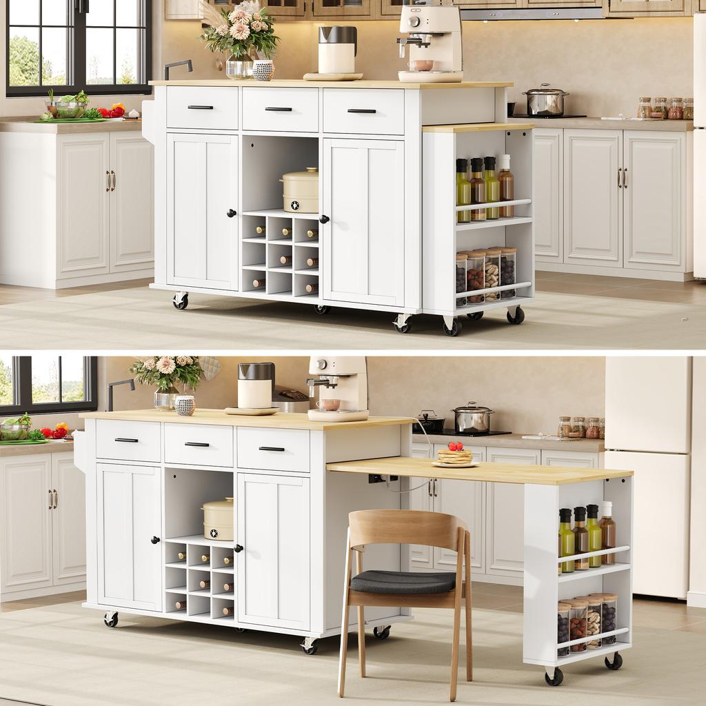 Kitchen island with pull-out worktop, 136(223)x50x93cm mobile kitchen island with 3 drawers, wine rack, socket with USB and 7 casters, white/oak