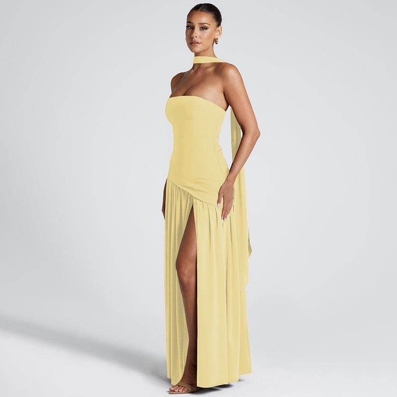New European And American Sexy Diagonal Splicing Tube Top Dress Dress Women'S Long Skirt Pleated Tube Top