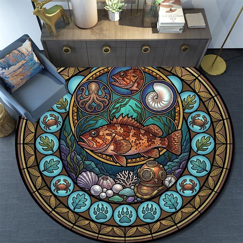 Ocean Life Glass Round Area Rug Under Office Chairs Bedroom Living Room Home Decor
