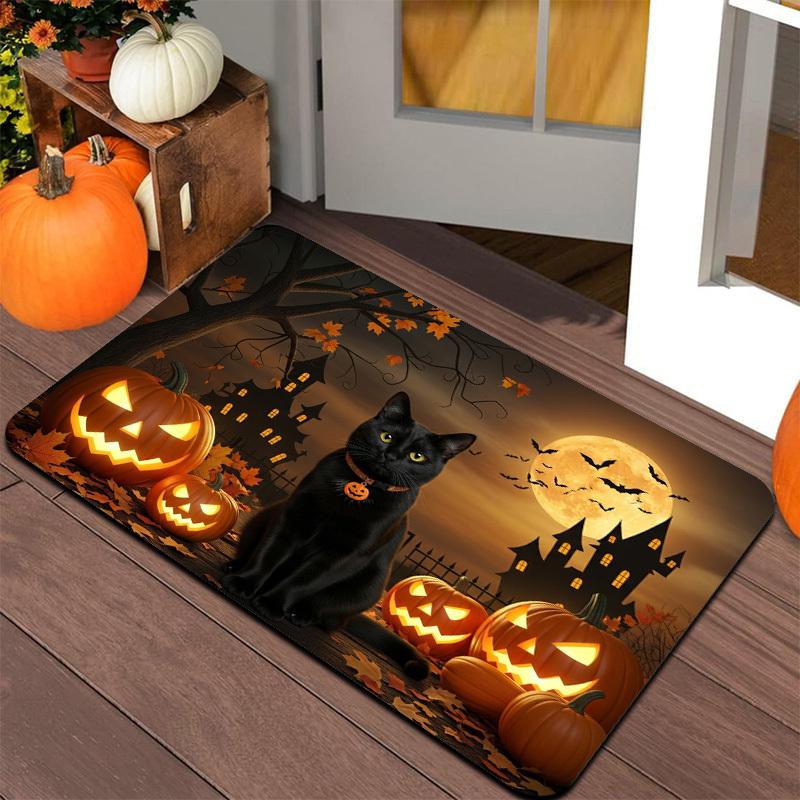 VIKAMA Large Halloween Carpet Black Cat Spooky Castle Carpet Entrance Doormat Rug For Bedroom Carpet For Living Room Home Decor