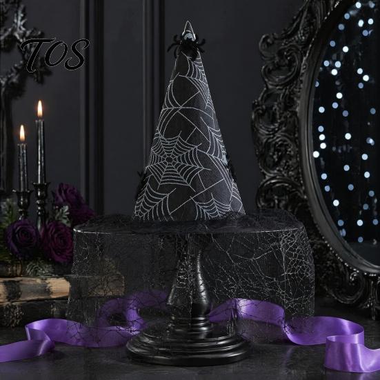 Dark Theme Stage Performance Hat Halloween Witch Hat, with Lace Mesh And Simulated Spiders, Gothic Costume Accessories for Carnival Nights Style