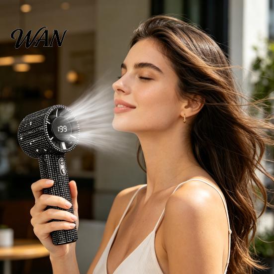 Rhinestone Handheld Fan with Digital Display, Turbo High Speed Portable Powerful Mini Fan, Quiet Operation Cooling for Outdoor Travel