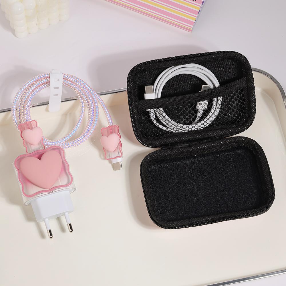 3D Love Heart Data Cable Protective Cover For 11 15 16 Pro Max 14 13 12 18W 20W Charger Cases Wire Winder Cable Organizer