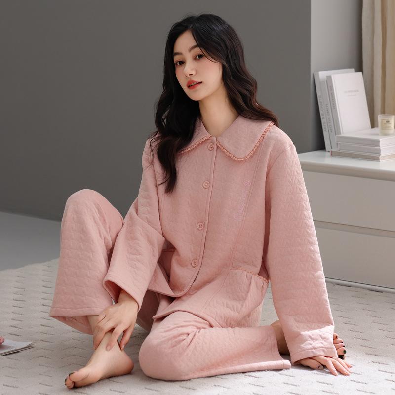Air Cotton Pajamas Women'S Pure Cotton Long Sleeves Autumn And Winter Thickened Warm Interlayer Large Size Polka Dot Mother Loungewear