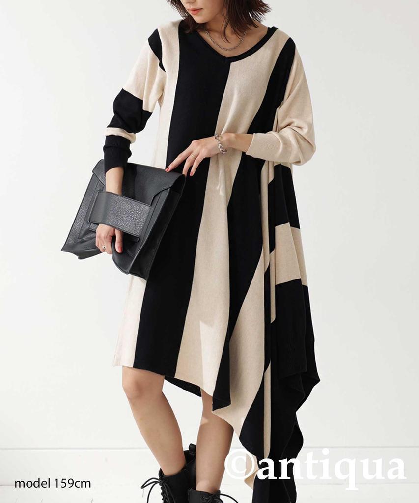 Antiqua Bias Striped Knit Black X Oatmeal Women's Dress, Asymmetrical, PN-00011, 05,