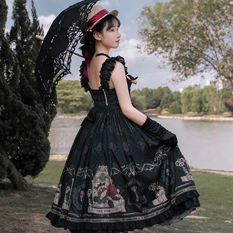 Gotický styl Tmavé Lolita šaty Bez rukávů Temperament Mašle Volánky Halter šaty