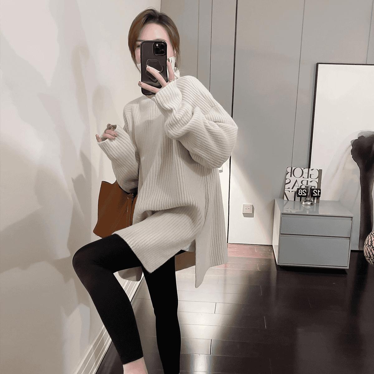 

Women s Khaki Turtleneck Sweater, Autumn-Winter 2024: New Slit Design, Mid-Length Base Layer Top XL (60-70 kg)