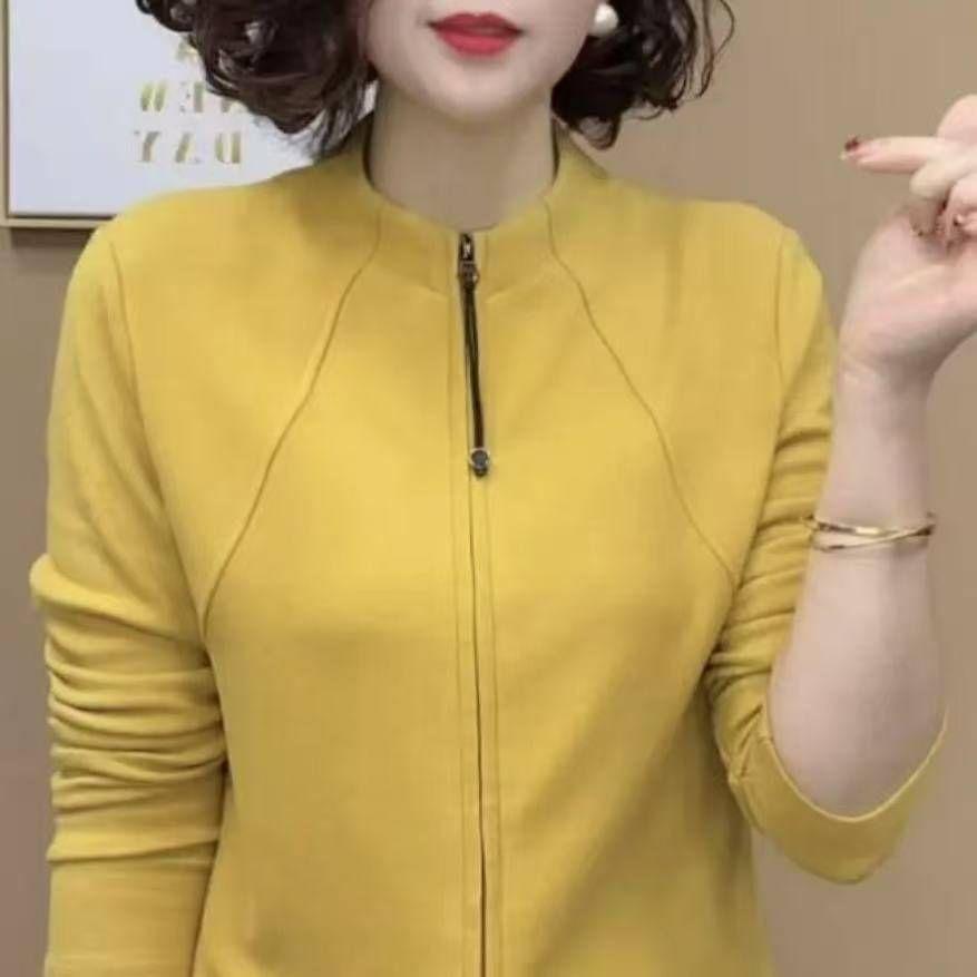 

Темпераментный универсальный базовый топ 2025 весенне-осенняя одежда универсальный и тонкий новый кардиган с длинным рукавом на молнии со стойкой L жёлтый
