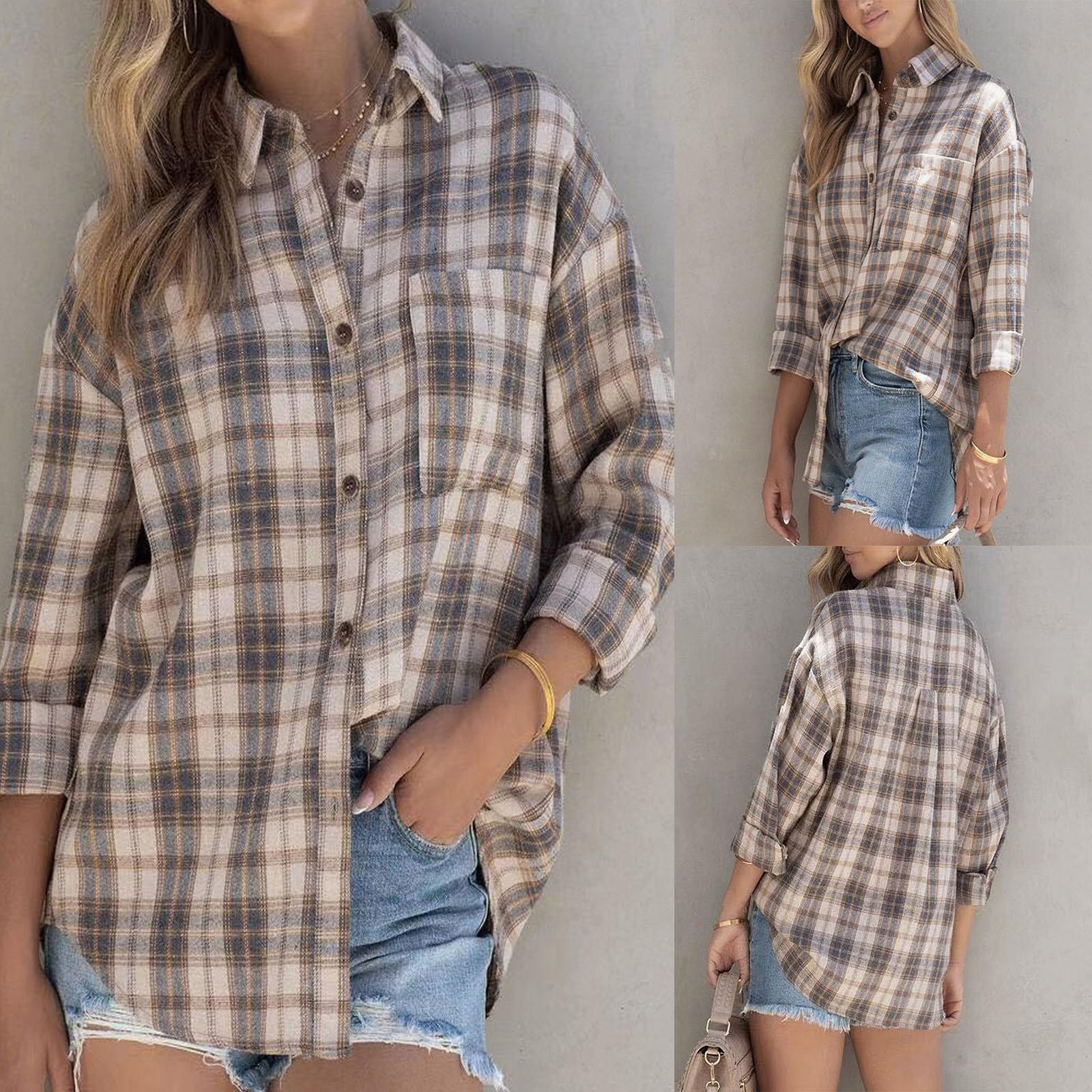 

Модная женская свободная рубашка с клетчатым принтом и v-образным вырезом с длинным рукавом и карманом, верхнее платье