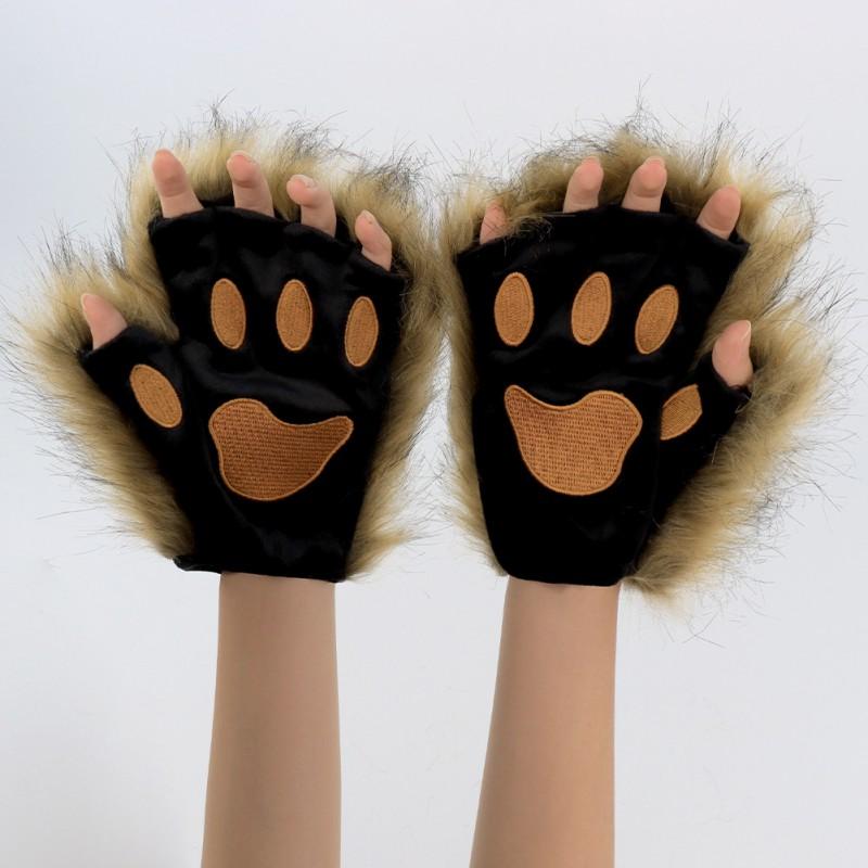 Fuzzy Cat Paw Gloves Half-Finger Cosplay Costume Accessory Halloween Winter Warm Wear