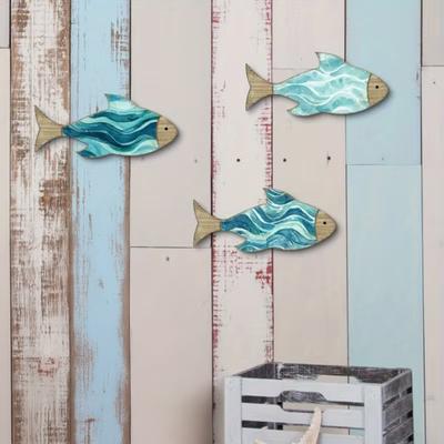 3 Pièces Décoration Murale Poisson en Bois Thème Nautique Côtier Art Mural Poisson Bleu Vintage Sculpture Murale Poisson pour Maison au Bord du Lac Salle de Bain Chambre Décor