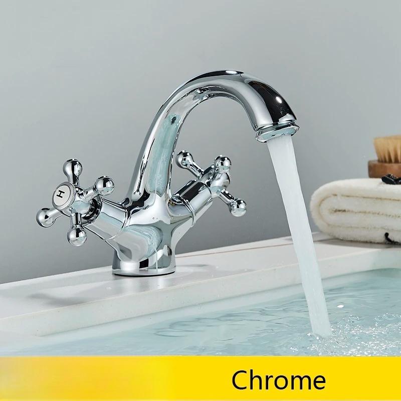 Senlesen Antique Faucet Bathroom Basin Faucet Two Handles Washbasin Taps Solid Brass Deck Mounted Hot Cold Water Mixer Tap,Gold