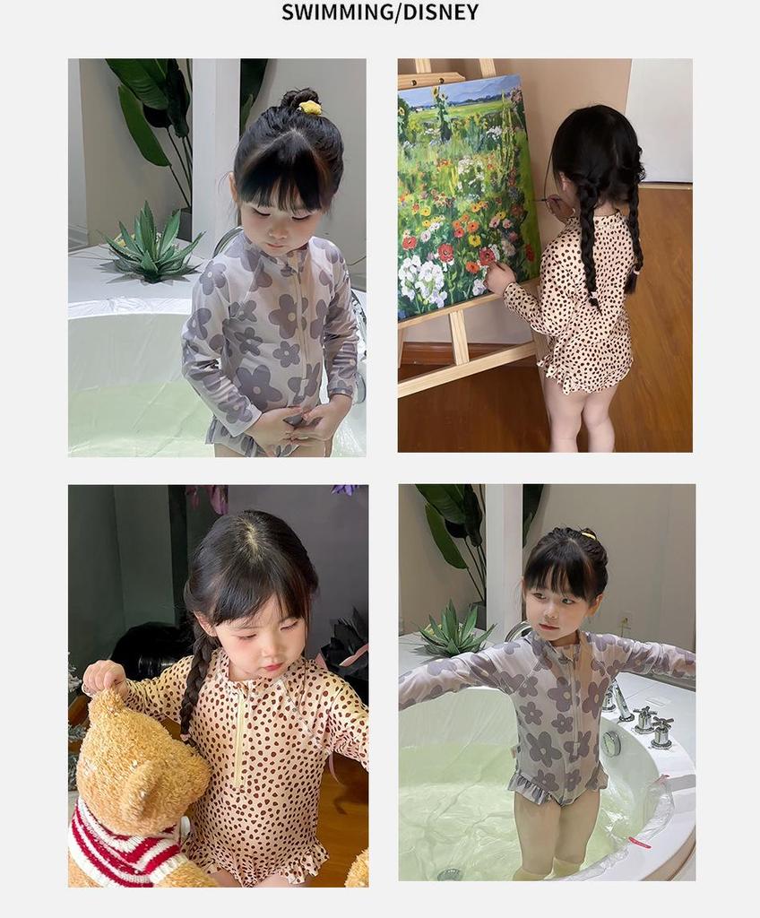 Korean Style Leopard Print Long Sleeve One-Piece Swimsuit for Girls