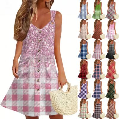 Women's Summer Dress With Pocket Sleeveless Mesh Print Sundress