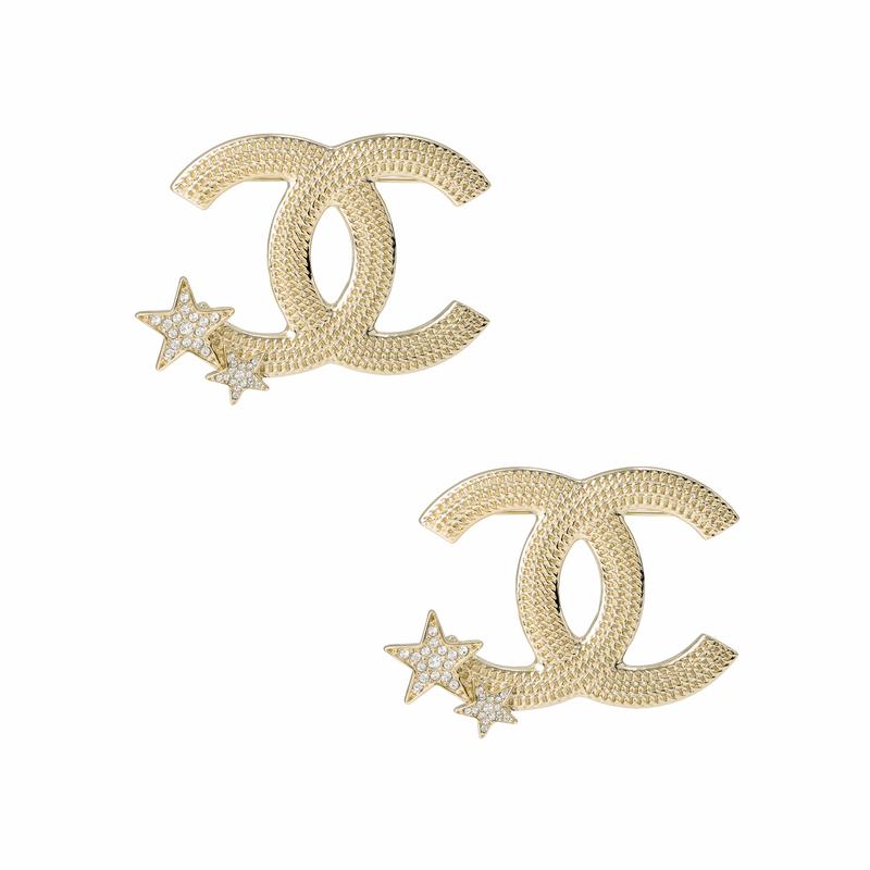 CHANEL Logo Letters Rhinestone Brooch Women's Gold