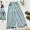 Summer Girls' Outfit New Style Embroidered Floral Denim Suspender Top And Lace Wide-Leg Pants Casual Two-Piece Set