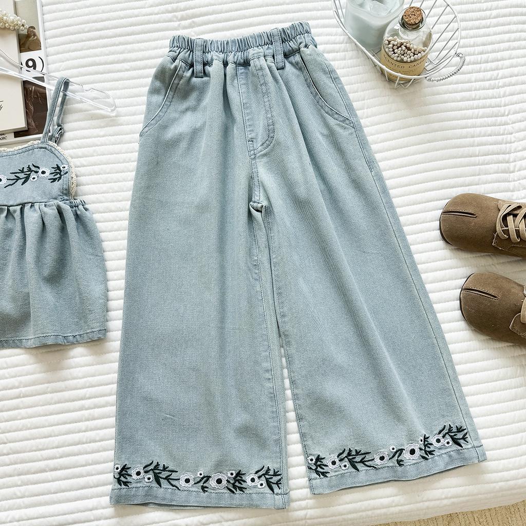 Summer Girls' Outfit New Style Embroidered Floral Denim Suspender Top And Lace Wide-Leg Pants Casual Two-Piece Set