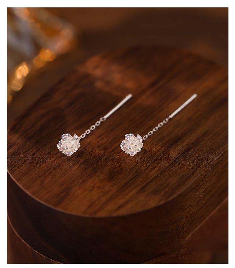 Camellia Ear Thread Earrings: 999 Sterling Silver Studs for Women - Comfortable Overnight Wear with Elegant Tassels.