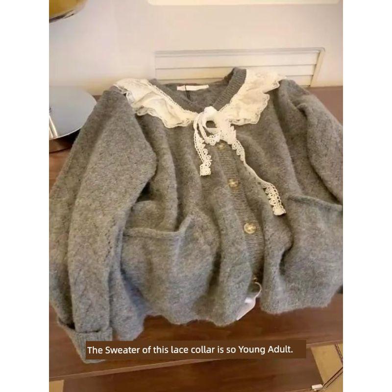 

Lazy Cute Lace V-neck Cardigan Gentle Sweater Grey S Suggested 37.50 kg-45.00 kg