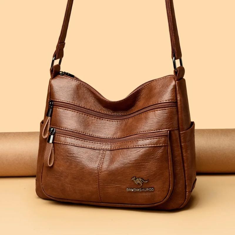 Women's Leather Crossbody Bag Large Capacity Multi-pocket Shoulder Bag for Middle-aged Mom Daily Life  and Weekend Outings
