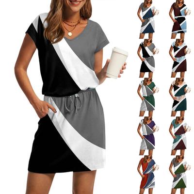 Damenmode V-Ausschnitt Kurzarm Kordelzug mit Tasche Bedruckte Freizeitkleider