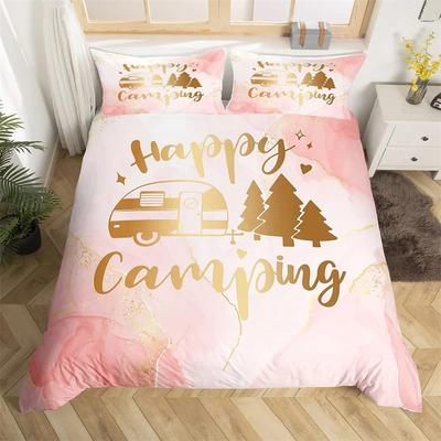 Copripiumino Happy Camping Matrimoniale Tema Sportivo Auto da Viaggio Camper Rimorchio Coperta Trapunta Microfibra Rustico Legno Stalla Set Biancheria da Letto