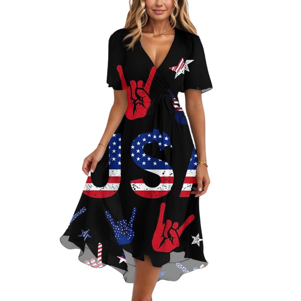 Women's Fashionable Casual V-neck Short-sleeved Independence Day Printed Dress