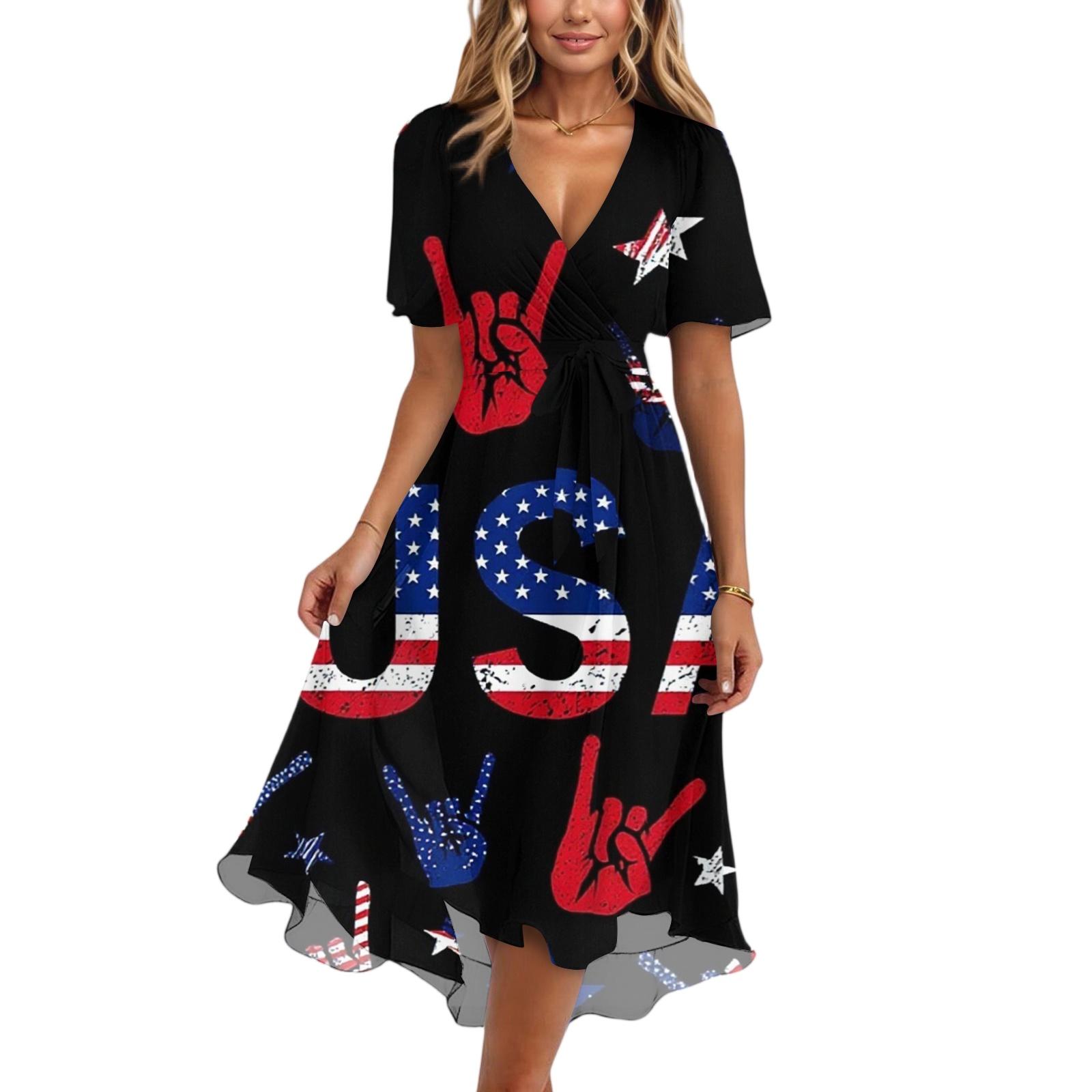 

Women s fashionable casual V-neck short-sleeved Independence Day printed dress S