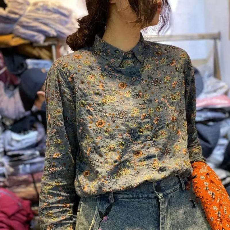 Women Fashionable and Versatile Slimming Tops for Women Cotton and Linen Spring New Artistic Retro Printed Shirts