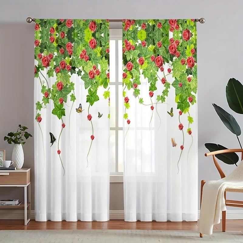 Perdele cu model botanic flori trandafir draperii din voile living dormitor decor birou perdele moi