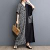 Summer Thin Cotton Linen Artistic Loose Slimming V-neck Short Sleeved Mid Length Dress for Women