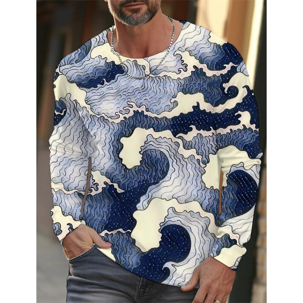 Spring and Autumn Round Neck 3D Ukiyoe  Printed Top Fashionable Casual Long Sleeved Men's T-shirts