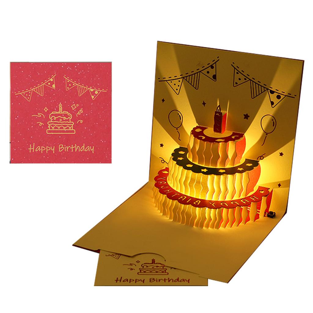 3D Pop up Happy Birthday Cake Led Light Foldable Paper Cards for Birthday