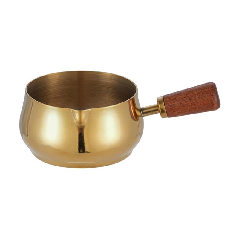 Stainless Steel Pouring Cups With Wooden Handle Stackable Dip Saucers For Heating Butter And Preparing Coffee